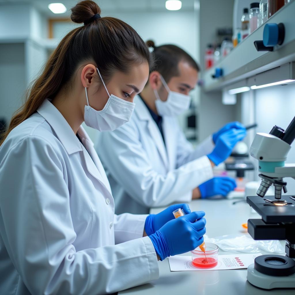 Scientists working on malaria prevention and treatment research in modern laboratory