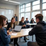 Students using mobile phones in modern classroom setting