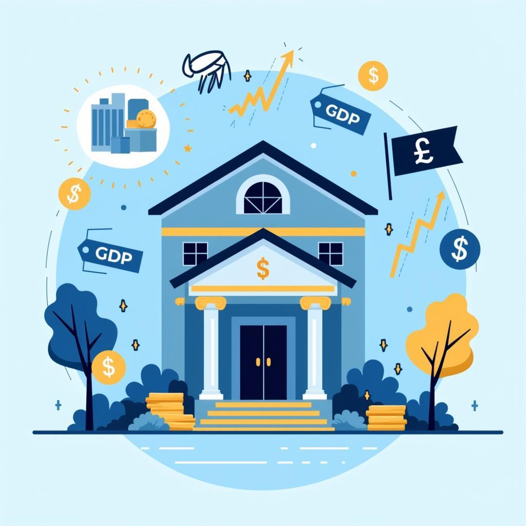 Monetary policy and economic growth illustration showing central bank and economic indicators