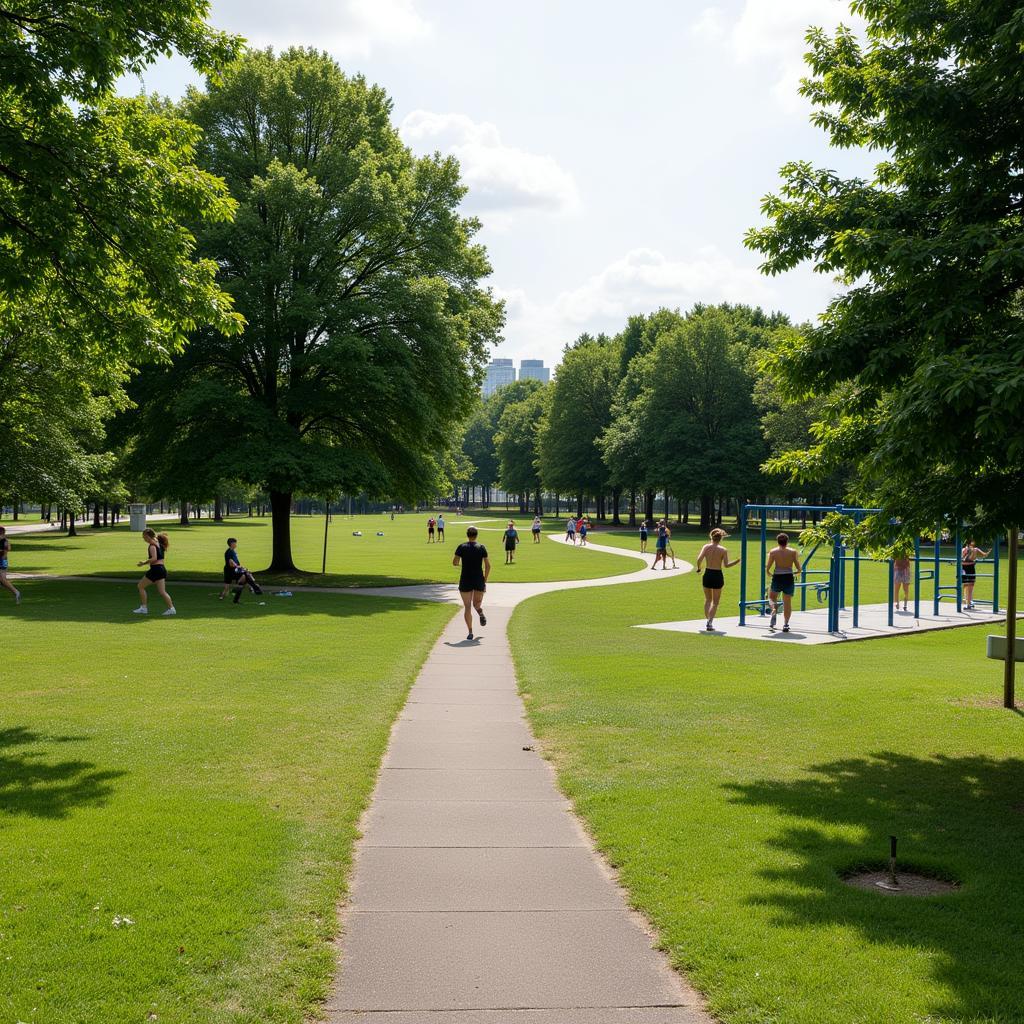 People exercising in a modern urban park with walking trails
