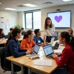 Students engaging in multilingual learning activities in modern classroom