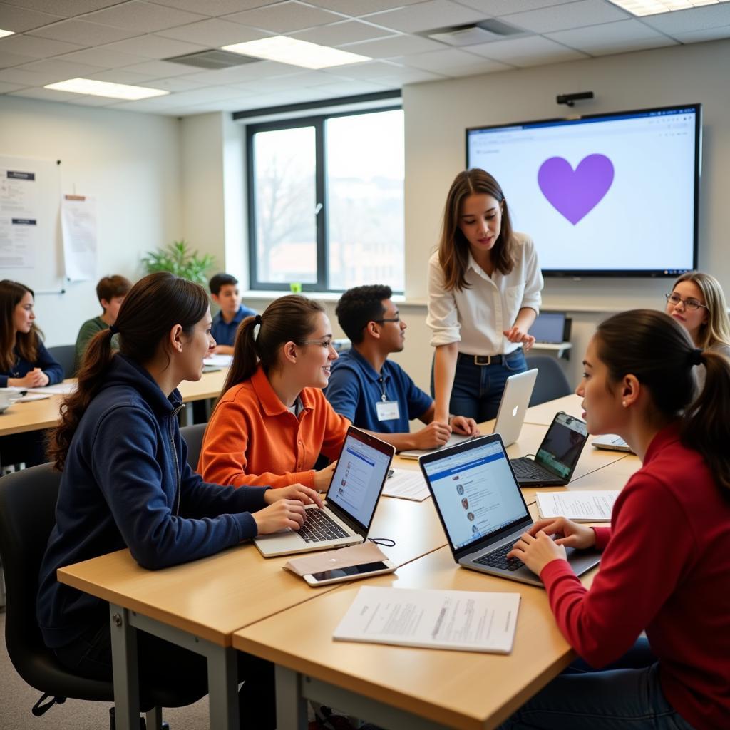 Students engaging in multilingual learning activities in modern classroom