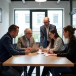 Experienced older workers collaborating with younger colleagues in modern office
