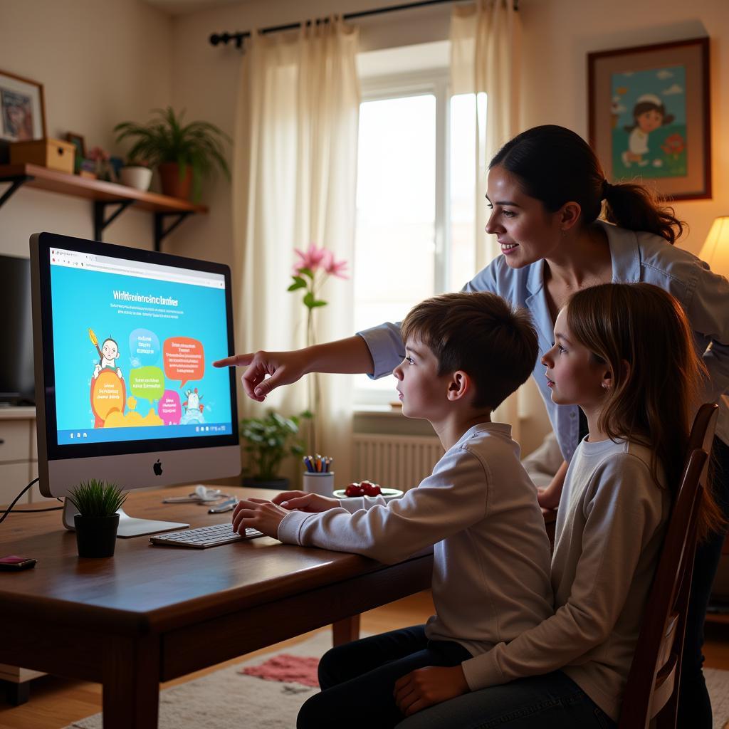 Family discussing online safety at home computer