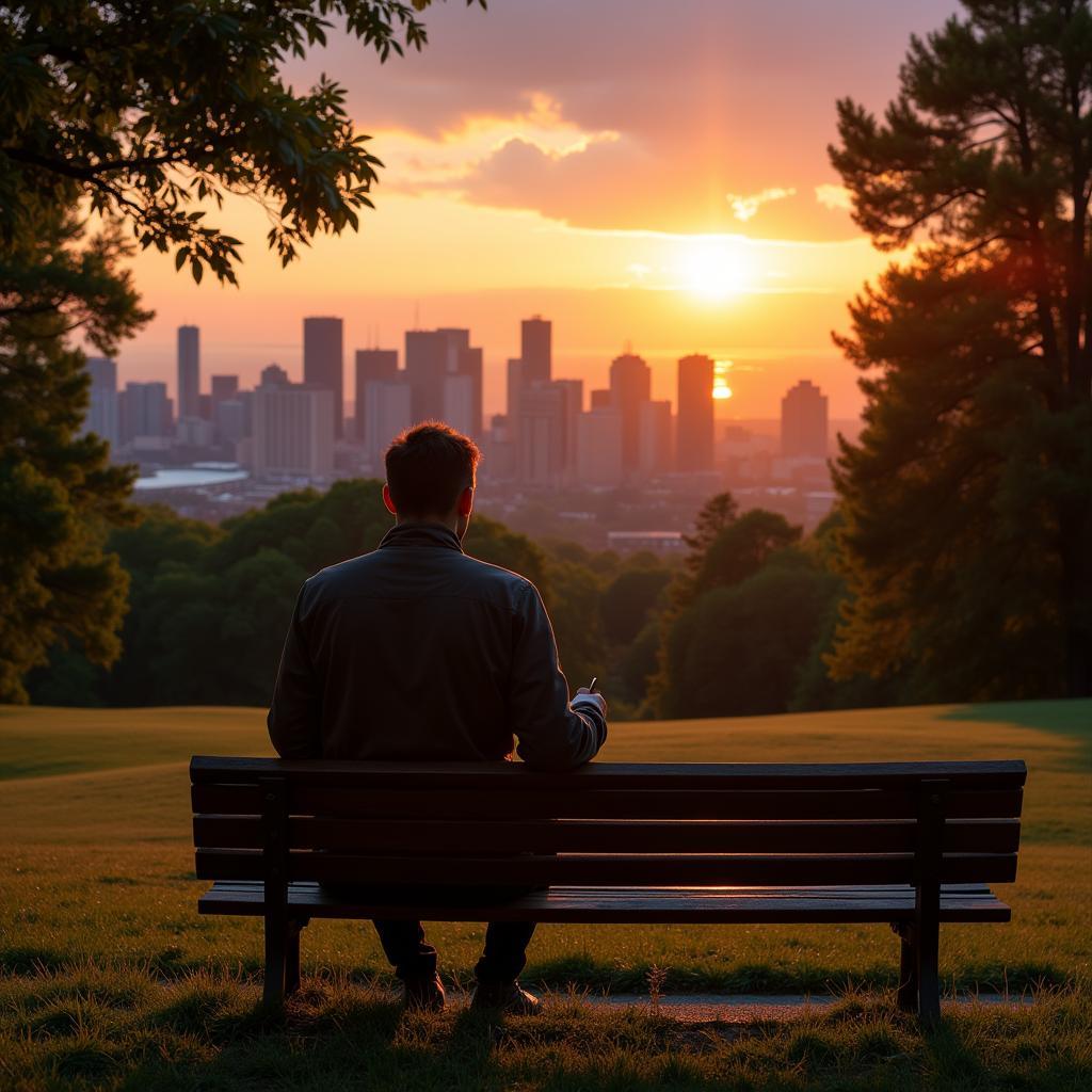Person sitting on park bench overlooking cityscape for reflection