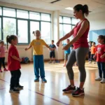 Physical education teacher conducting an engaging exercise class with diverse young students