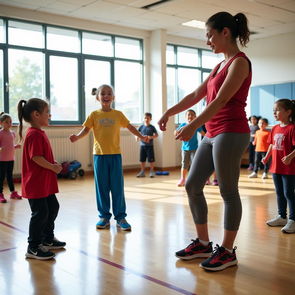 Physical education teacher conducting an engaging exercise class with diverse young students