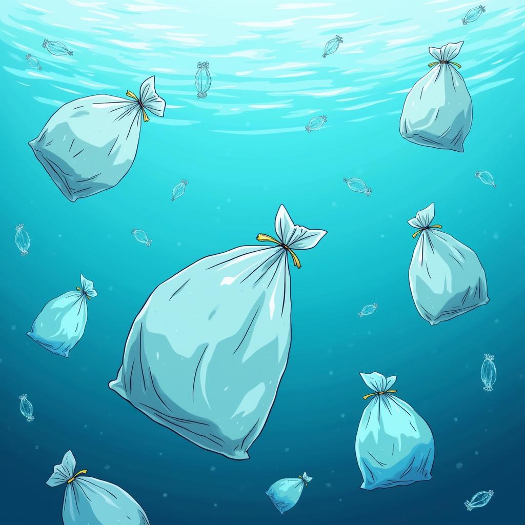 Environmental impact of plastic bags showing ocean pollution and wildlife effects