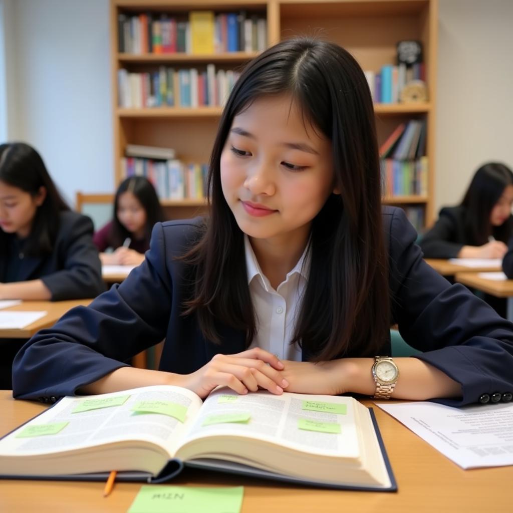 Student reading poetry book during IELTS speaking preparation