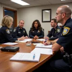 Police officers discussing misconduct policies and accountability measures in a professional setting