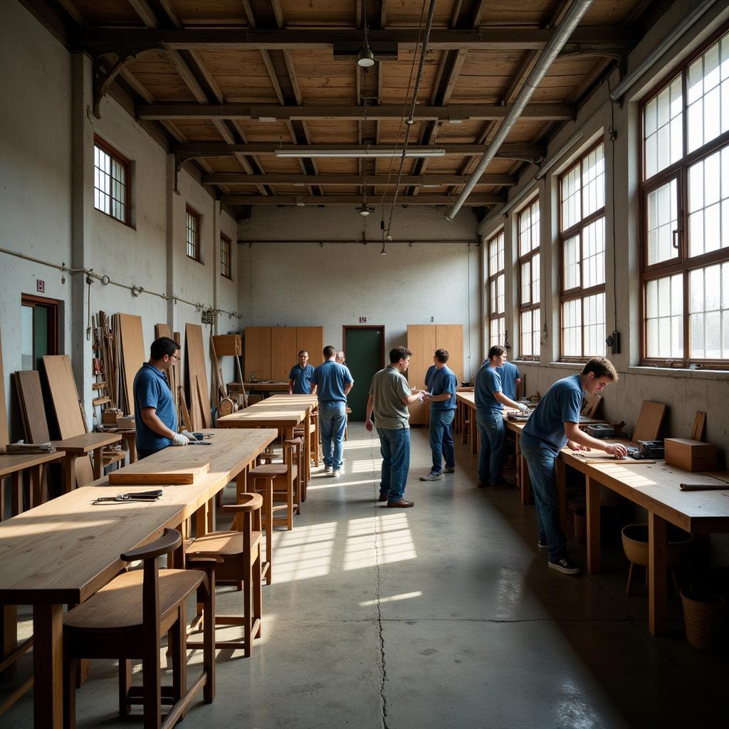 Inmates learning practical skills in prison workshop
