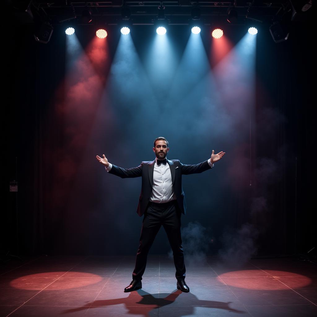 Professional Magician Performing Complex Illusion on Stage