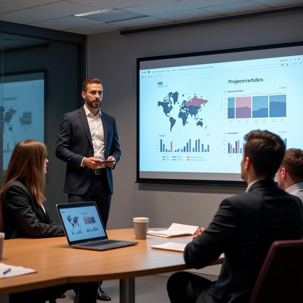 Professional presenting project results in meeting room