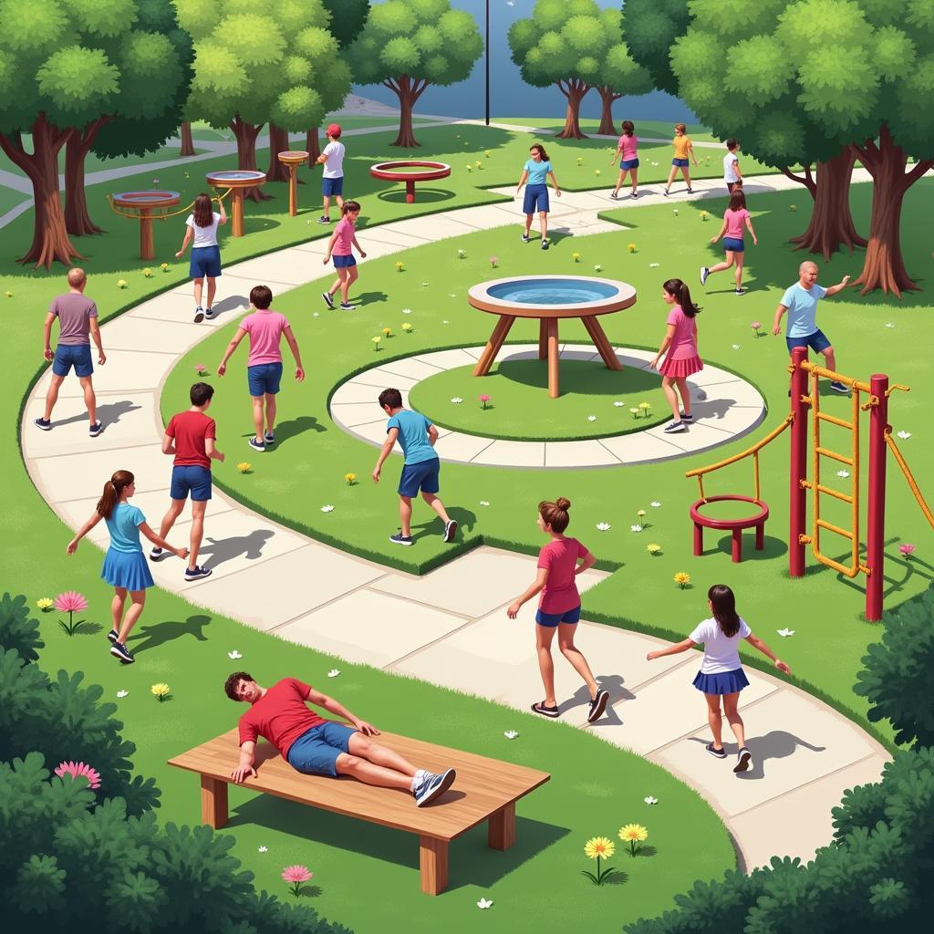 Public health benefits of urban parks showing people exercising and relaxing