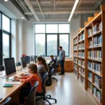 Modern public library with digital facilities and traditional books