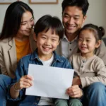 Happy student receiving university acceptance letter with family