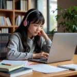 Student engaged in remote learning using laptop and headphones