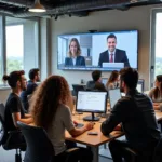 Remote work benefits for companies shown in modern office setting