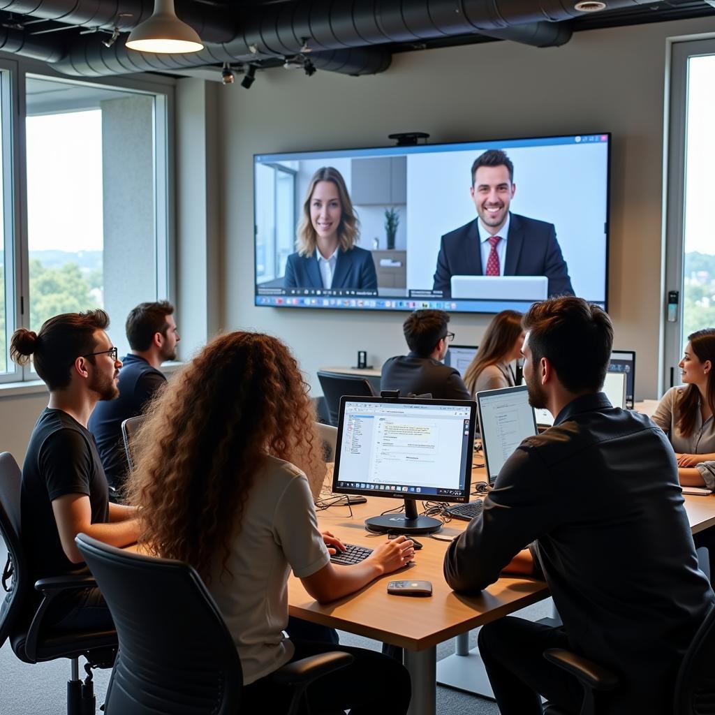 Remote work benefits for companies shown in modern office setting