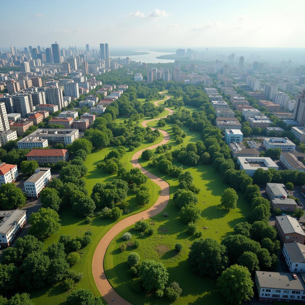 Urban rewilding project showcasing green corridor