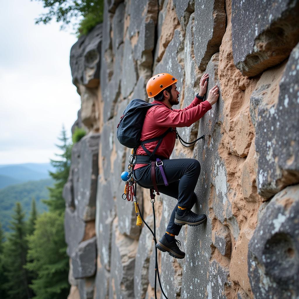 Person climbing rocky mountain face with proper equipment