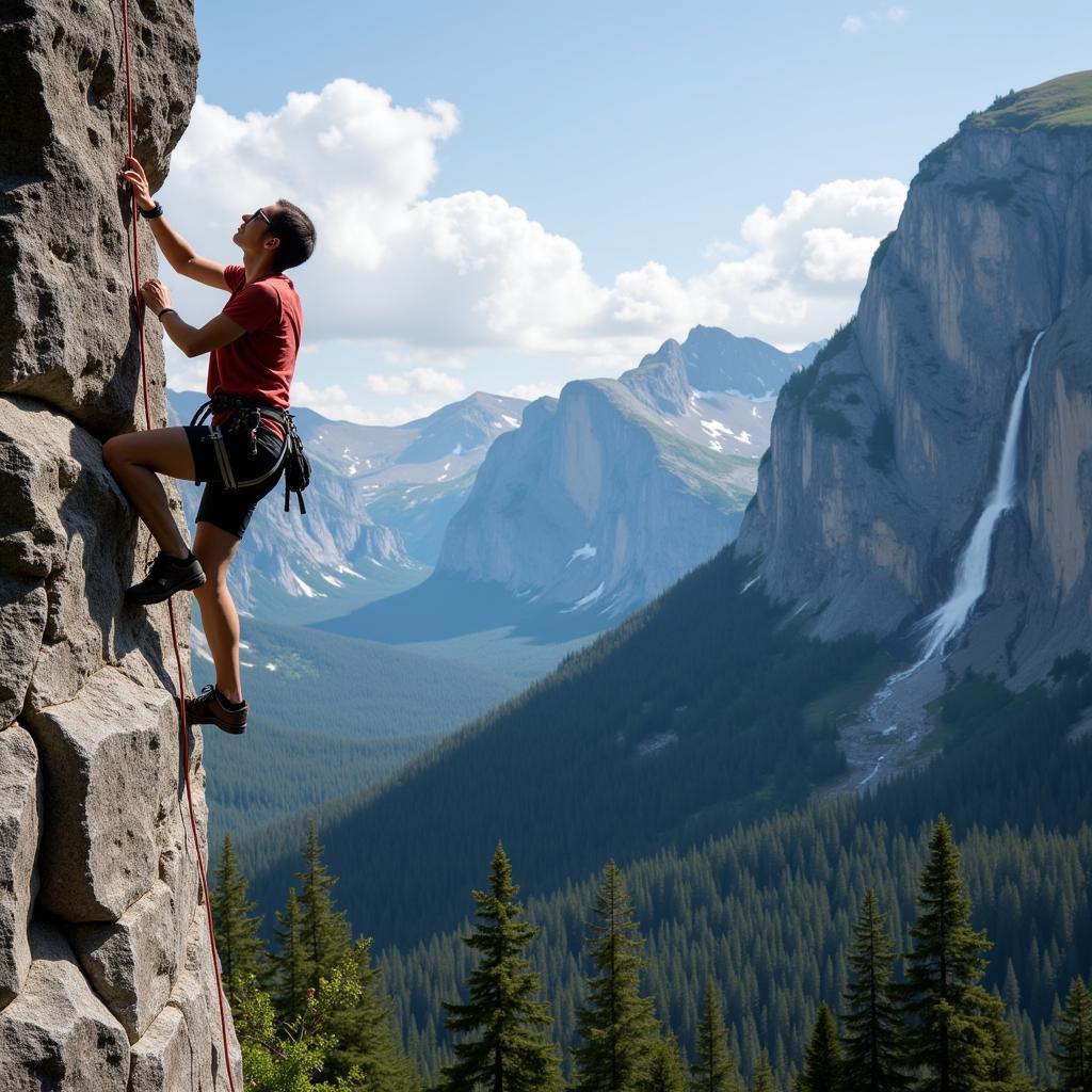 Rock climber scaling a challenging outdoor cliff with beautiful nature backdrop