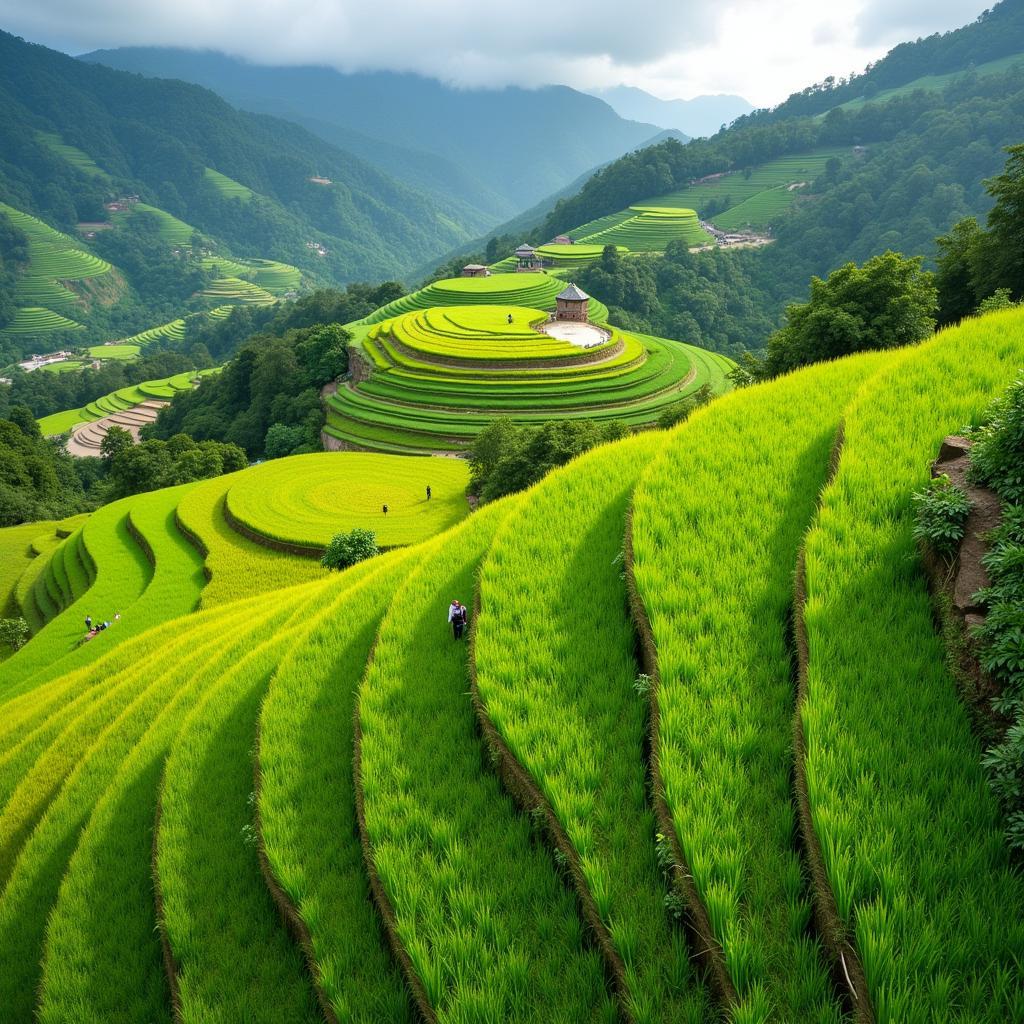 Beautiful rice terraces in Sapa with hikers