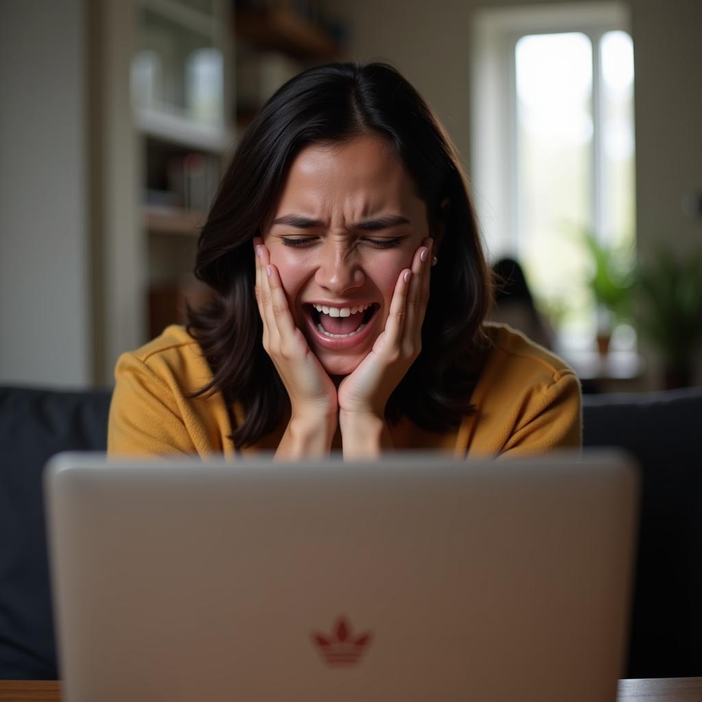 Student celebrating scholarship acceptance with emotional reaction