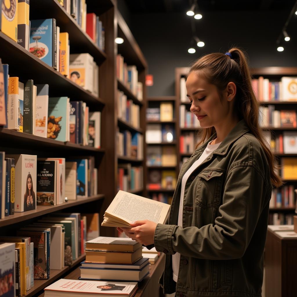 Young person enjoying shopping experience at modern bookstore