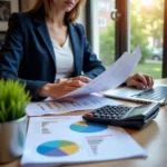 Small business owner reviewing financial statements and digital banking tools