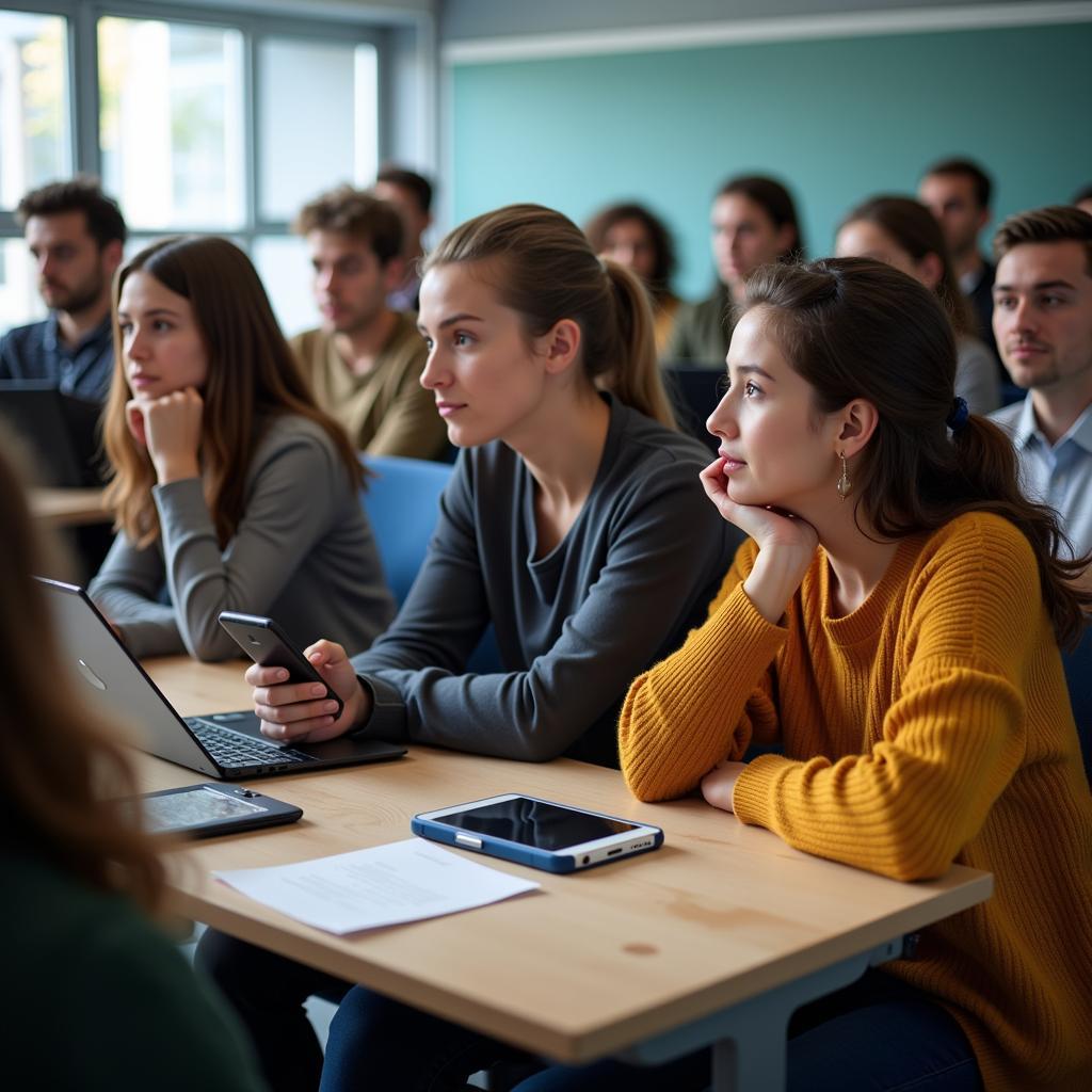 Students using social media devices in classroom showing impact on academic focus