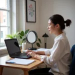 Student practicing IELTS speaking alone with resources