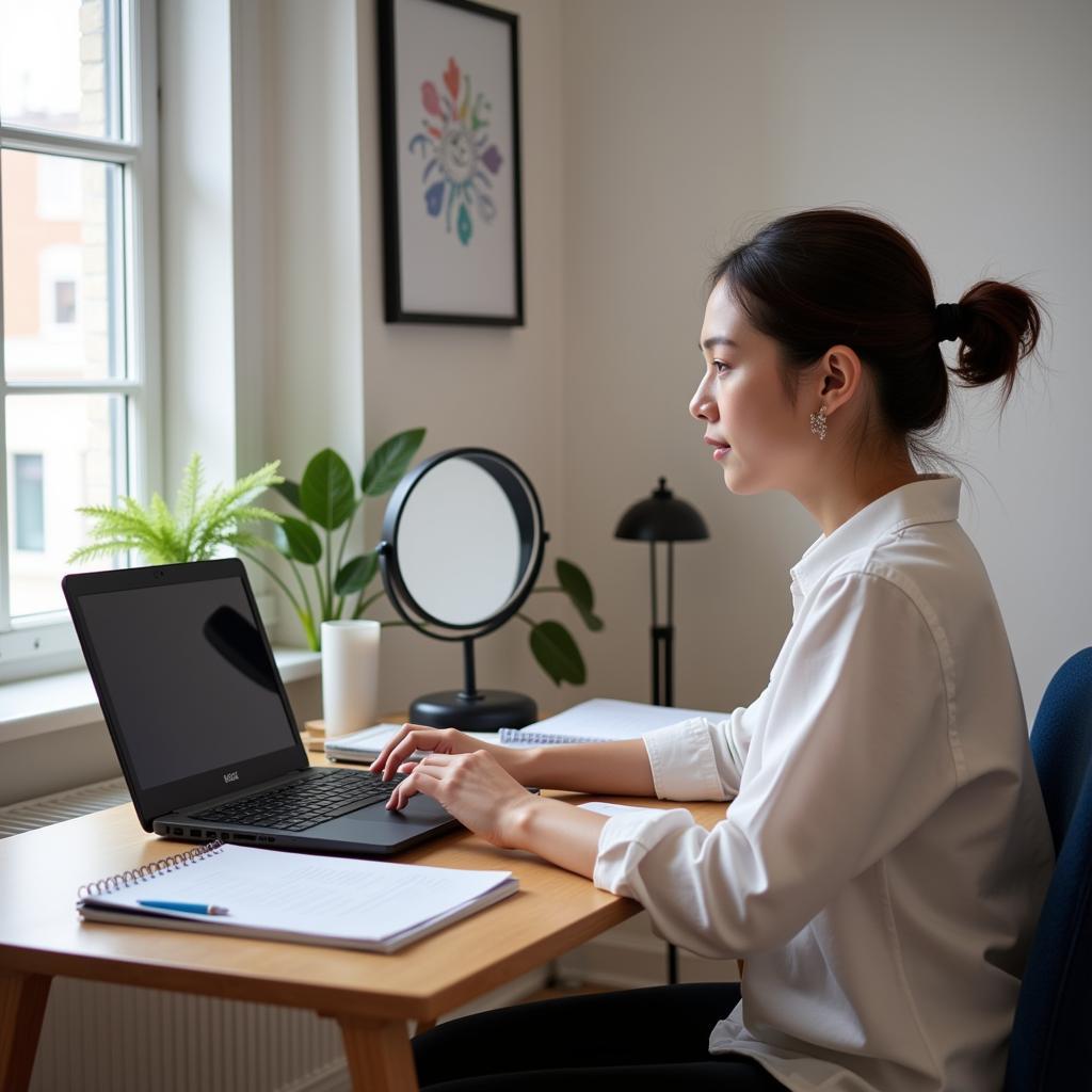 Student practicing IELTS speaking alone with resources