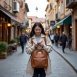 Young traveler exploring vibrant city streets with backpack