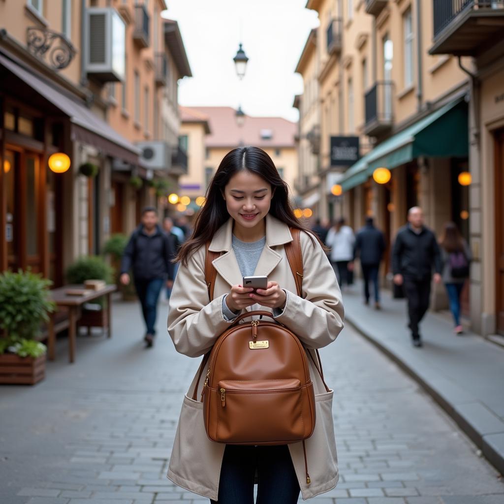 Young traveler exploring vibrant city streets with backpack