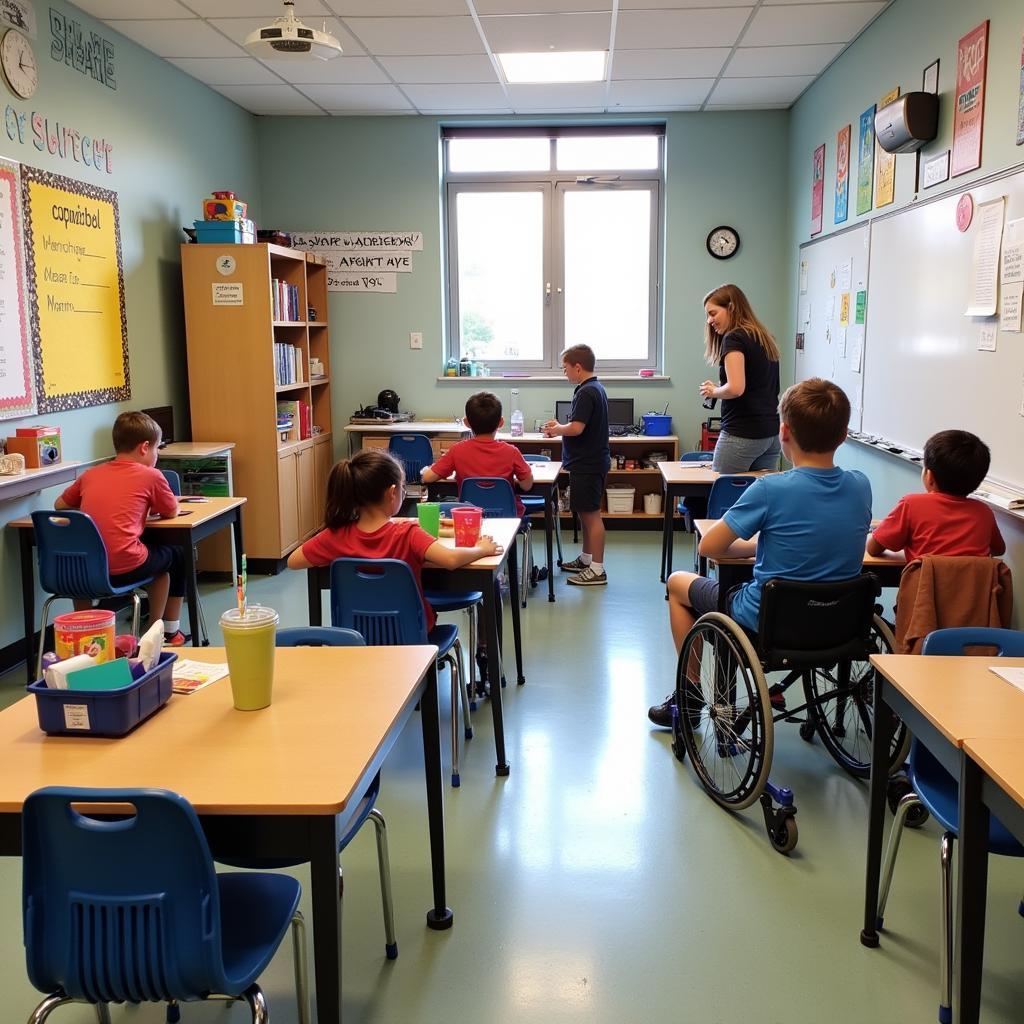 Special education classroom with adaptive technologies and specialized equipment