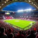Enthusiastic crowd cheering at a football stadium during live match