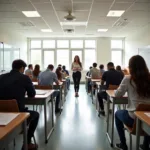 Students taking standardized tests in modern classroom setting