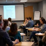 IELTS candidates discussing opinions in academic setting