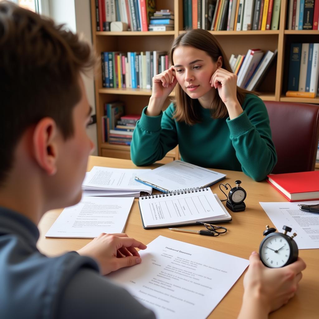 IELTS student practicing speaking skills with learning materials