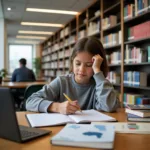 Student concentrating in modern library setting with digital resources