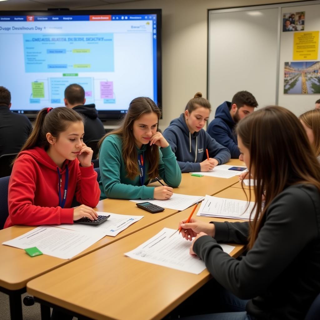 Students actively participating in financial education lesson with practical exercises