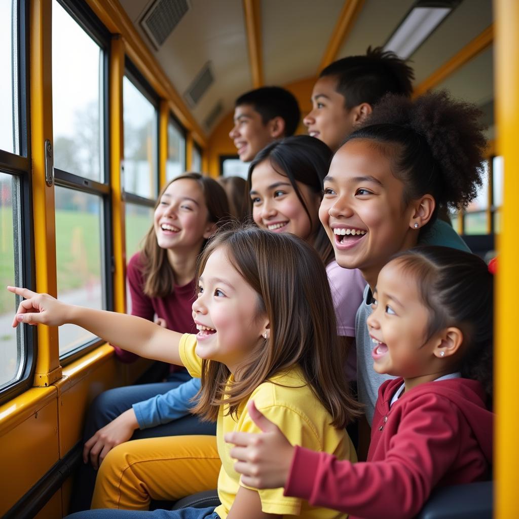 Excited students on a school bus for a field trip