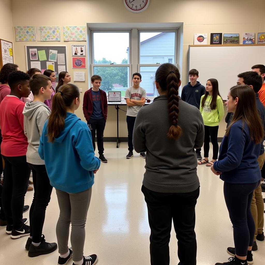 Students rehearsing in a drama class at school