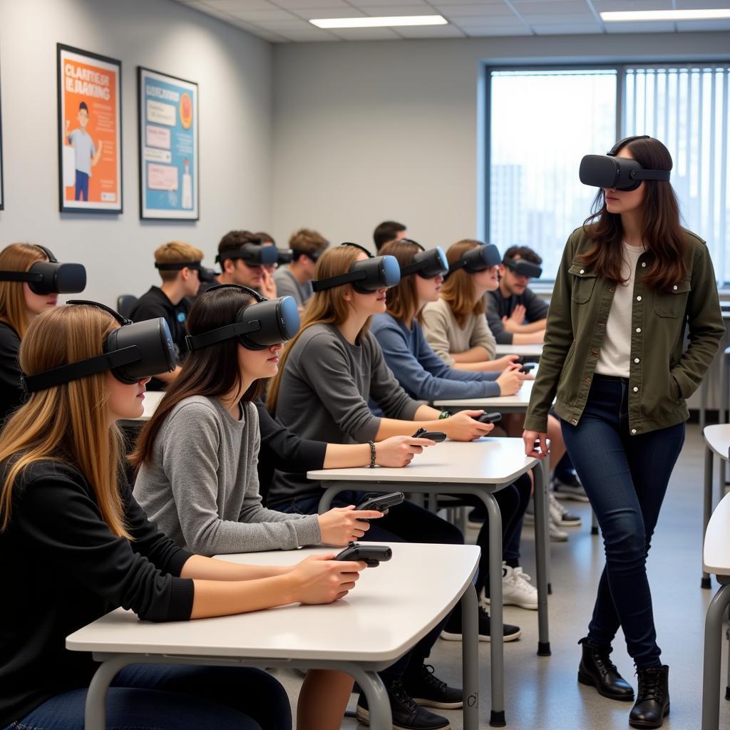 Students using VR headsets in a classroom