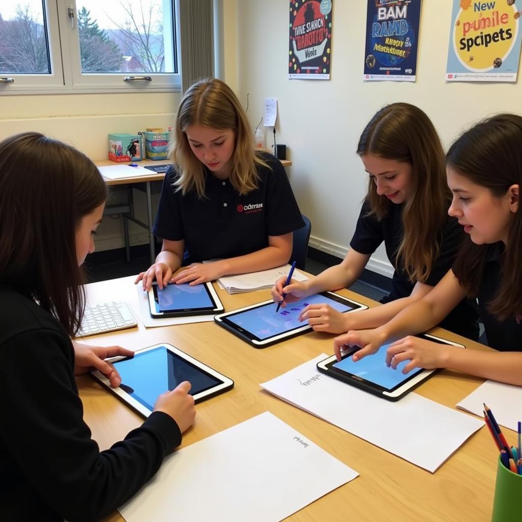 Students collaborating on creative projects in modern classroom