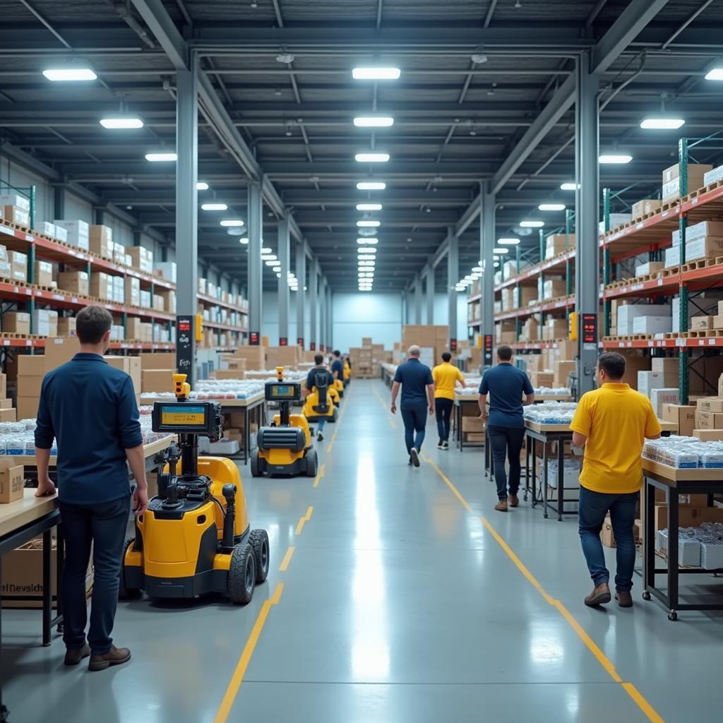 Modern automated warehouse with robotic systems and workers