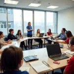 Modern classroom showing various teaching methods in action