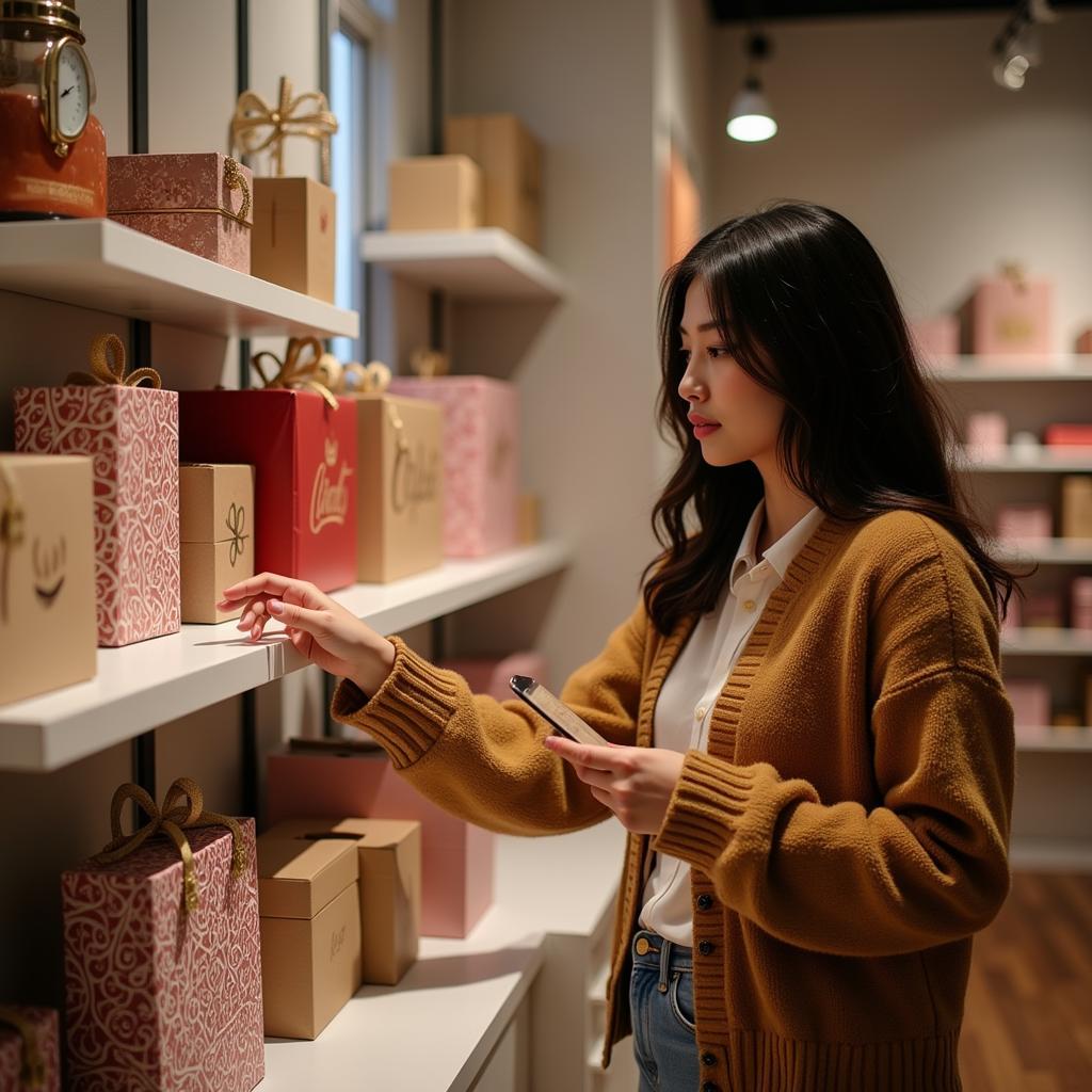 Person carefully selecting a personalized gift in a store