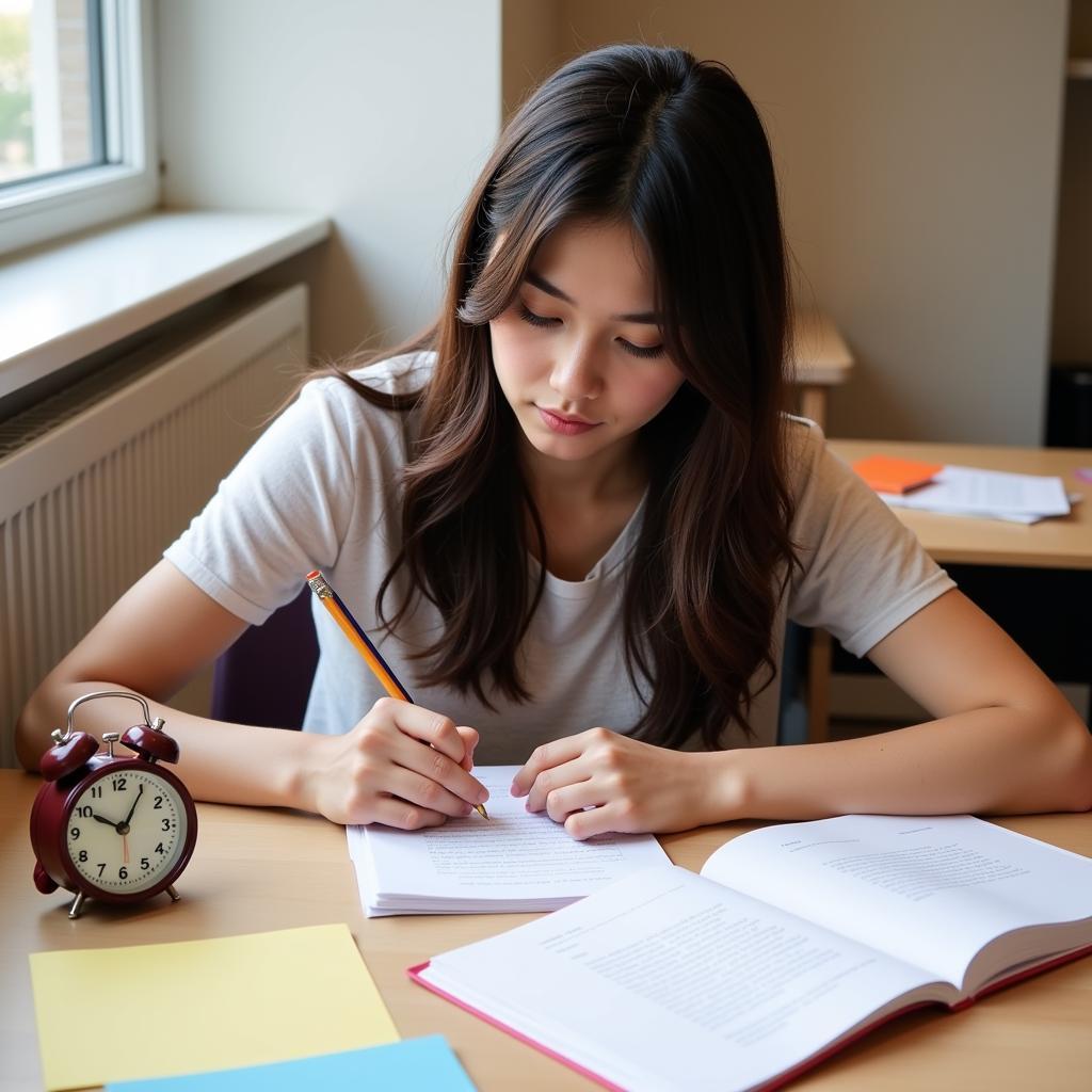 Student practicing timed writing exercises for IELTS grammar improvement